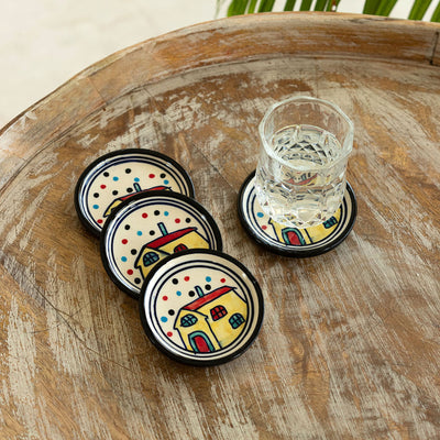 The Hut' Hand-painted Coasters (Set Of 4, Ceramic)