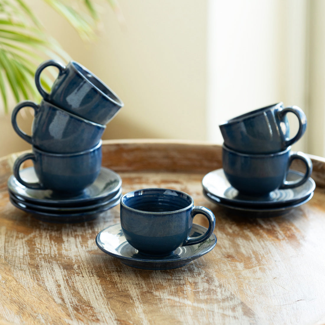 Ocean Ripples' Hand Glazed Ceramic Tea Cups & Saucers (Set of 6, 120 ml, Microwave Safe)