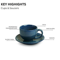 Ocean Ripples' Hand Glazed Ceramic Tea Cups & Saucers (Set of 6, 120 ml, Microwave Safe)