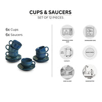 Ocean Ripples' Hand Glazed Ceramic Tea Cups & Saucers (Set of 6, 120 ml, Microwave Safe)