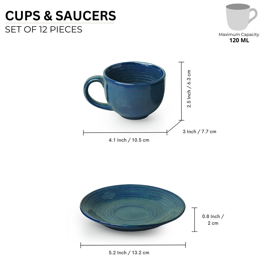 Ocean Ripples' Hand Glazed Ceramic Tea Cups & Saucers (Set of 6, 120 ml, Microwave Safe)