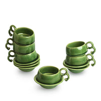 Jade Forest' Hand Glazed Ceramic Tea Cups & Saucers (Set of 6, 120 ml, Microwave Safe)