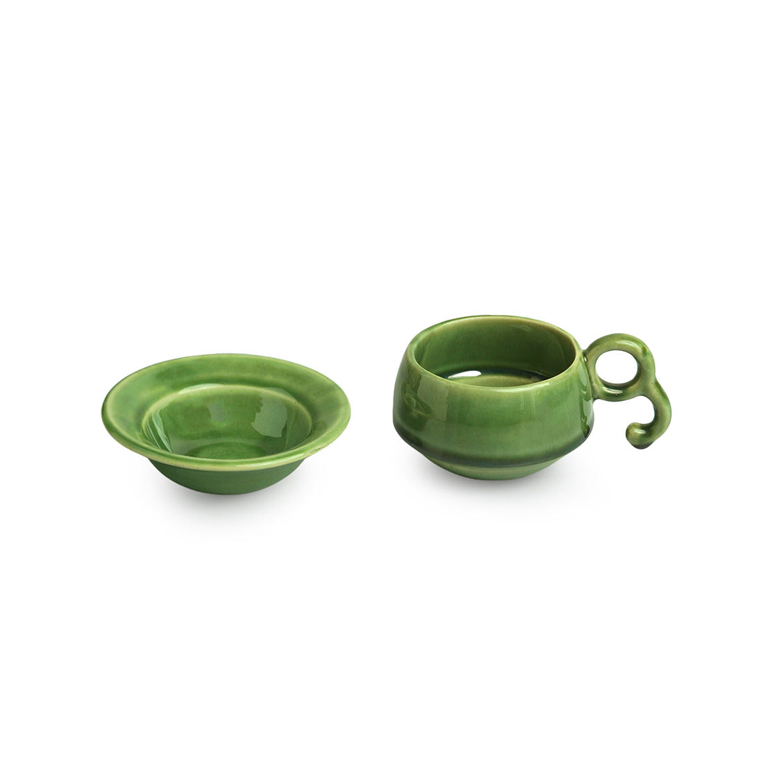 Jade Forest' Hand Glazed Ceramic Tea Cups & Saucers (Set of 6, 120 ml, Microwave Safe)