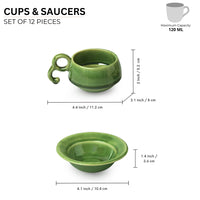 Jade Forest' Hand Glazed Ceramic Tea Cups & Saucers (Set of 6, 120 ml, Microwave Safe)