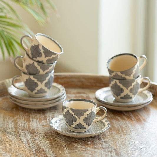 Moroccan Essentials' Hand-Painted Ceramic Tea Cups & Saucers (Set of 6, 120 ml, Microwave Safe)