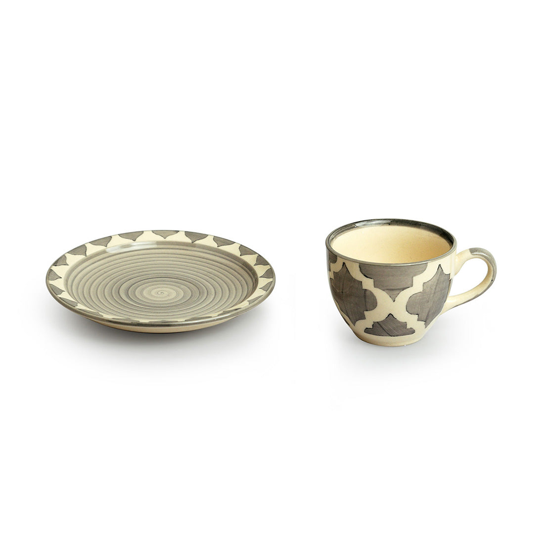 Moroccan Essentials' Hand-Painted Ceramic Tea Cups & Saucers (Set of 6, 120 ml, Microwave Safe)