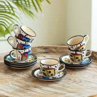 The Hut' Hand-Painted Ceramic Tea Cups & Saucers (Set of 6, 120 ml, Microwave Safe)