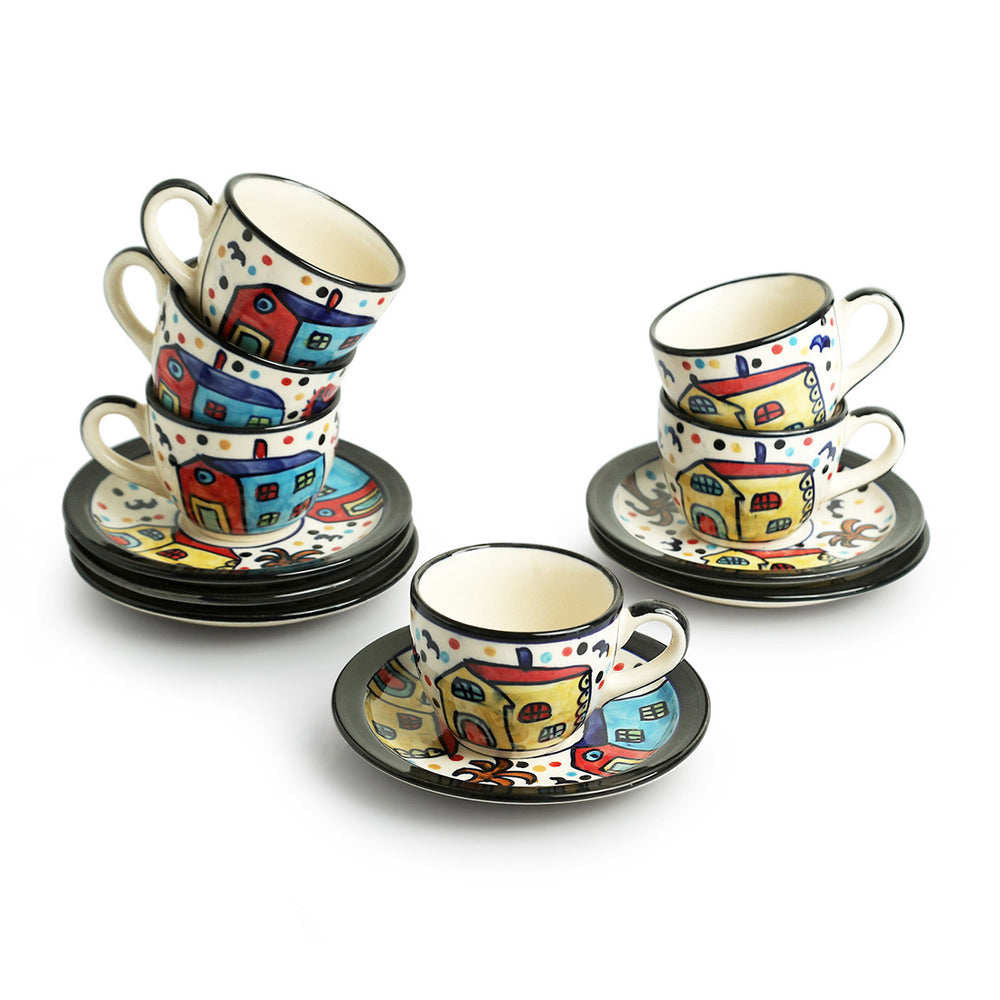 The Hut' Hand-Painted Ceramic Tea Cups & Saucers (Set of 6, 120 ml, Microwave Safe)