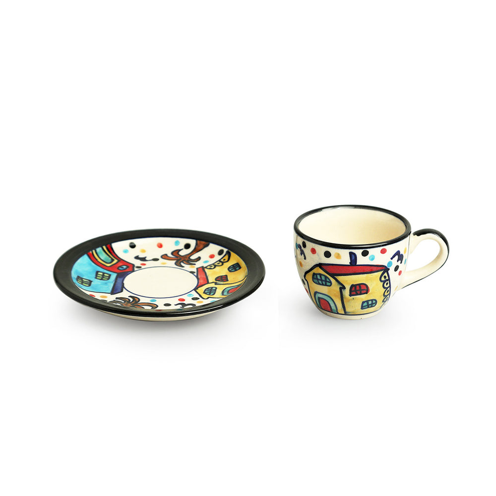 The Hut' Hand-Painted Ceramic Tea Cups & Saucers (Set of 6, 120 ml, Microwave Safe)