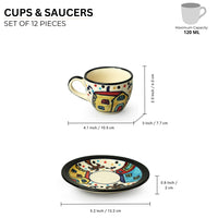 The Hut' Hand-Painted Ceramic Tea Cups & Saucers (Set of 6, 120 ml, Microwave Safe)