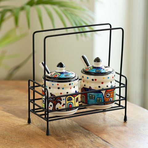 The Hut' Hand-Painted Ceramic Pickle & Chutney Jar Set With Spoons & Iron Caddy (Set of 2, 280 ml)