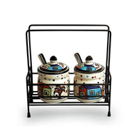 The Hut' Hand-Painted Ceramic Pickle & Chutney Jar Set With Spoons & Iron Caddy (Set of 2, 280 ml)