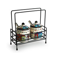 The Hut' Hand-Painted Ceramic Pickle & Chutney Jar Set With Spoons & Iron Caddy (Set of 2, 280 ml)