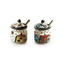 The Hut' Hand-Painted Ceramic Pickle & Chutney Jar Set With Spoons & Iron Caddy (Set of 2, 280 ml)