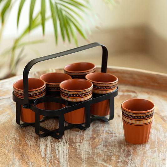 Geometric' Chai/Tea Glasses With Iron Holder (6 Glasses)