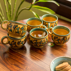 Yellow - Celebration In Sand' Warli Hand-Painted Tea & Coffee Cups In Ceramic (Set Of 6)