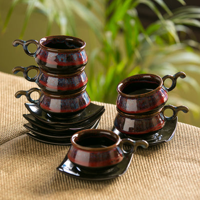 Crimson Mascarene' Hand Glazed Studio Pottery Ceramic Tea Cups & Saucers Set (Set Of 6)