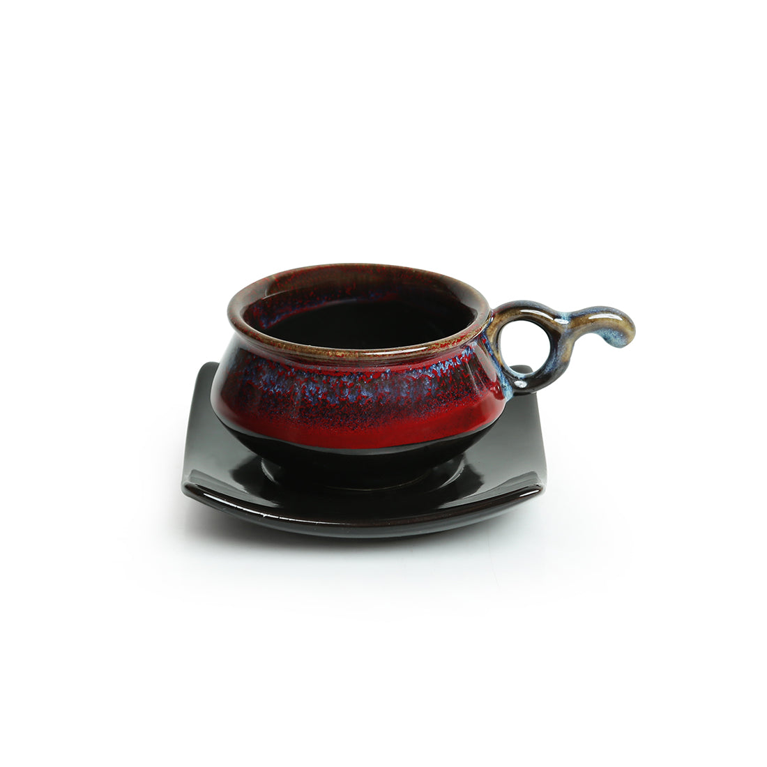 Crimson Mascarene' Hand Glazed Studio Pottery Ceramic Tea Cups & Saucers Set (Set Of 6)