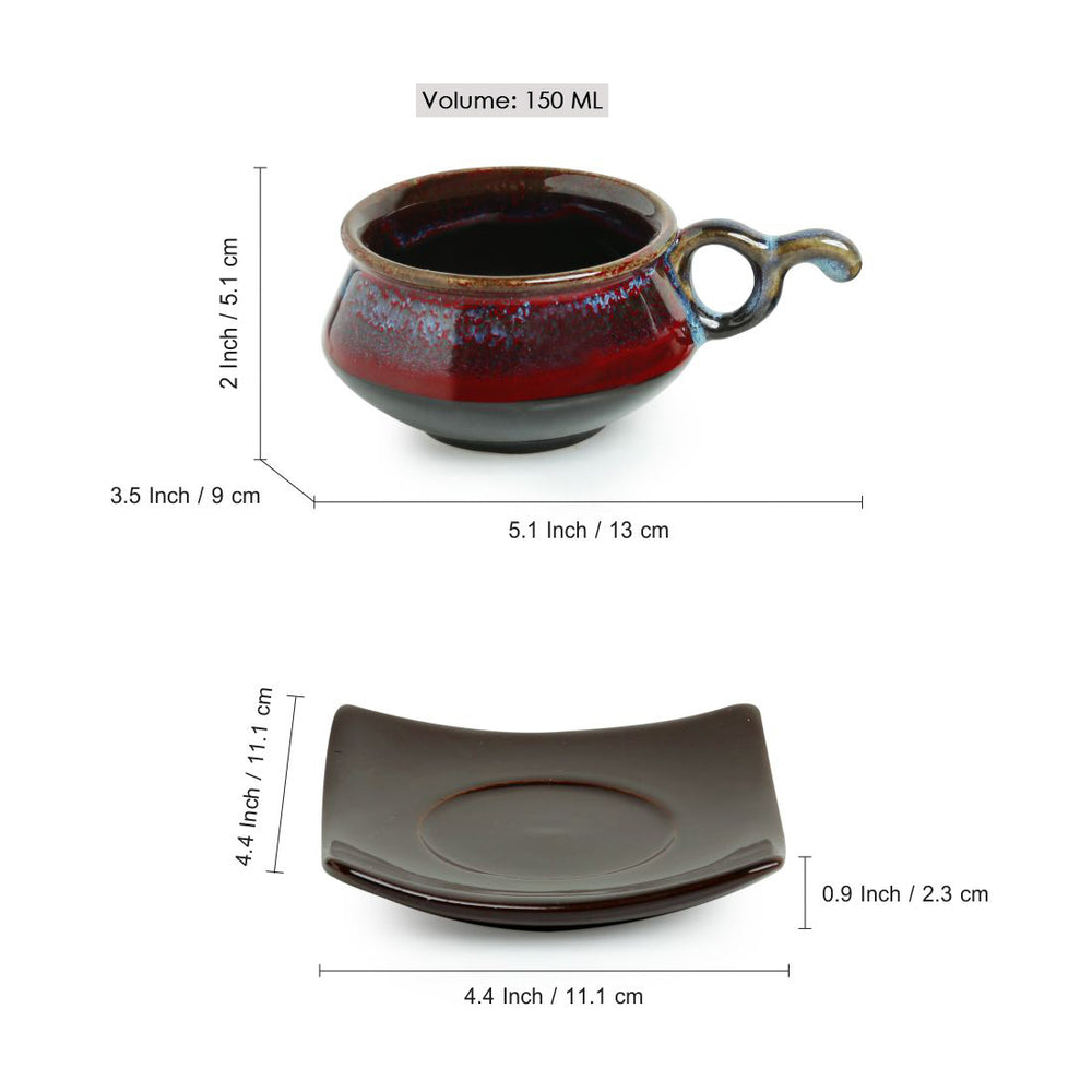 Crimson Mascarene' Hand Glazed Studio Pottery Ceramic Tea Cups & Saucers Set (Set Of 6)