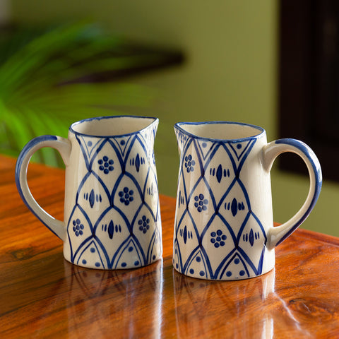 Moroccan Floral' Hand-painted Studio Pottery Milk & Water Jugs In Ceramic (Set of 2, 700 ML, Microwave Safe)