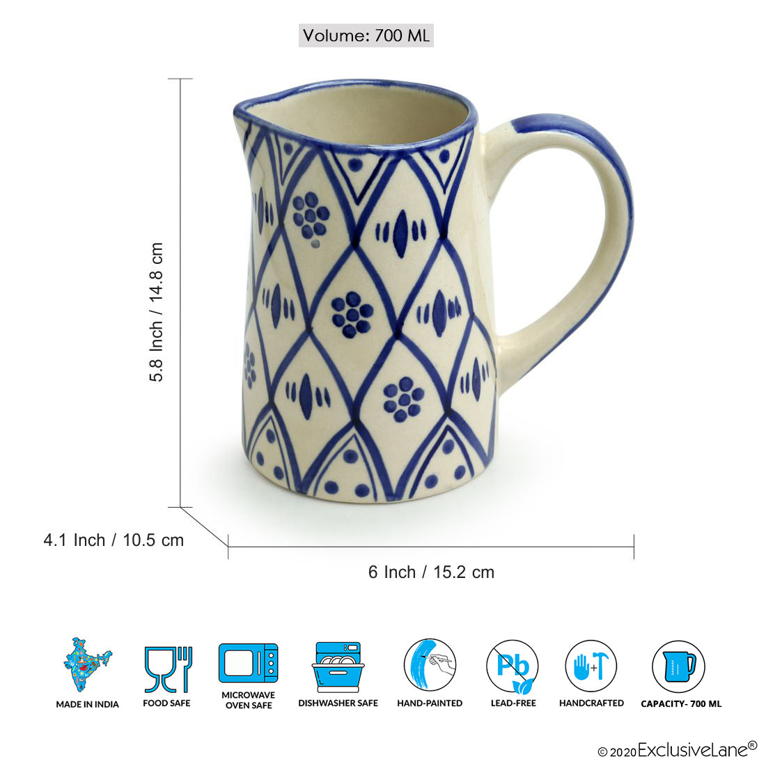 Moroccan Floral' Hand-painted Studio Pottery Milk & Water Jugs In Ceramic (Set of 2, 700 ML, Microwave Safe)