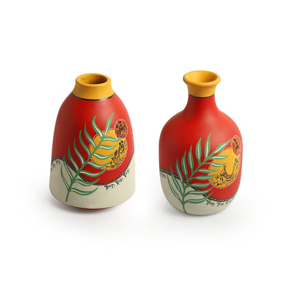 'Leafy Warli Tales' Hand-Painted Terracotta Vases (Set of 2, Red)