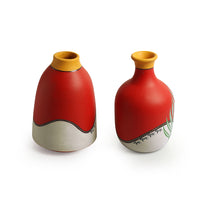 'Leafy Warli Tales' Hand-Painted Terracotta Vases (Set of 2, Red)