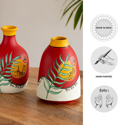 'Leafy Warli Tales' Hand-Painted Terracotta Vases (Set of 2, Red)