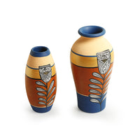 'Tulip Warli Tales' Hand-Painted Terracotta Vases (Set of 2, Brown & Blue)