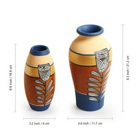 'Tulip Warli Tales' Hand-Painted Terracotta Vases (Set of 2, Brown & Blue)