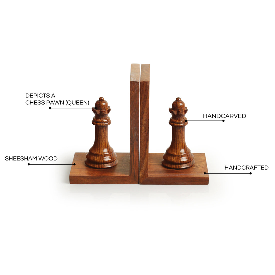 Chess Queen' Handcarved Book Ends In Sheesham Wood