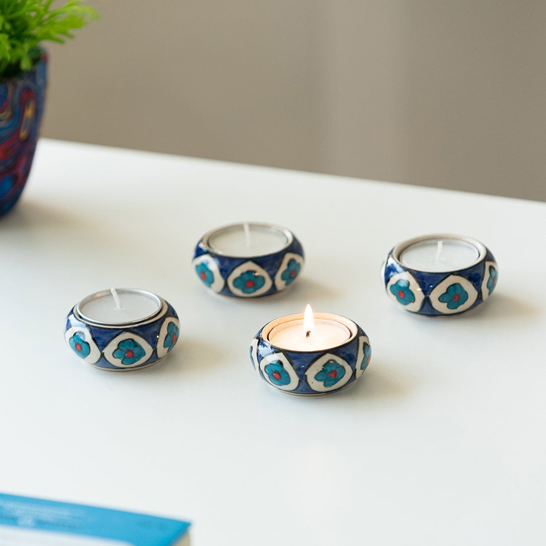 'Mughal Floral' Handpainted Tea Light Holder (Set of 4, Ceramic)