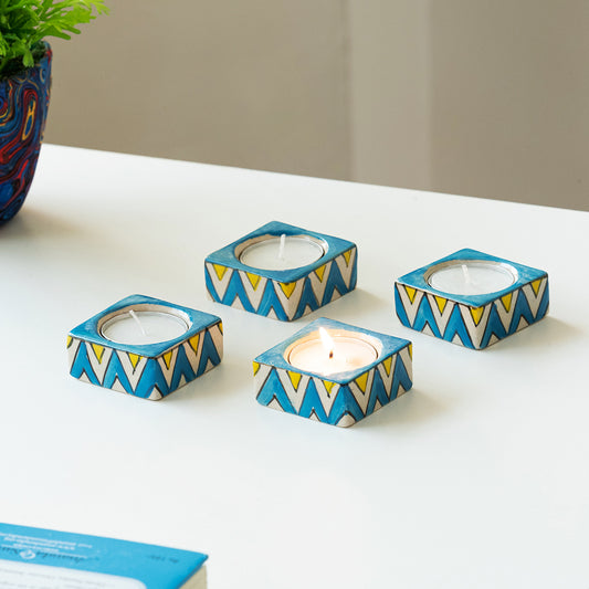 'Mughal Zig-Zag Jugnu' Handpainted Tea Light Holder (Set of 4, Ceramic)