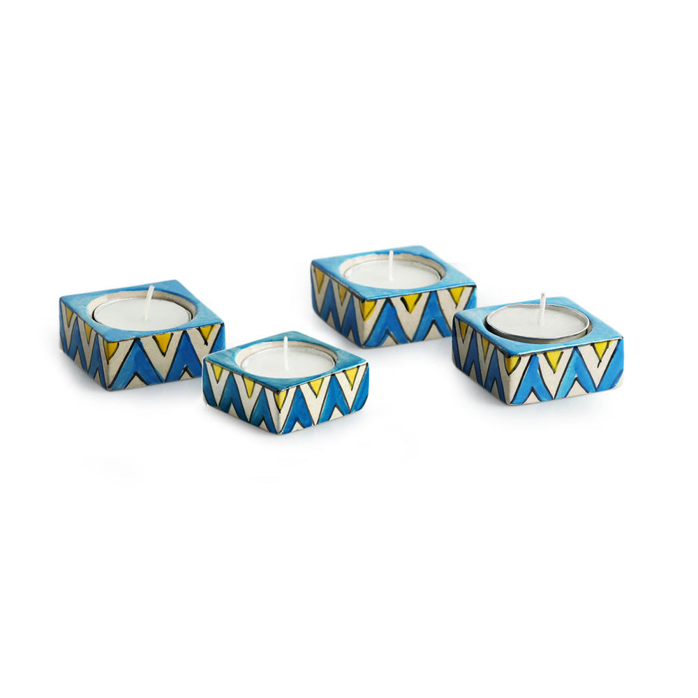 'Mughal Zig-Zag Jugnu' Handpainted Tea Light Holder (Set of 4, Ceramic)