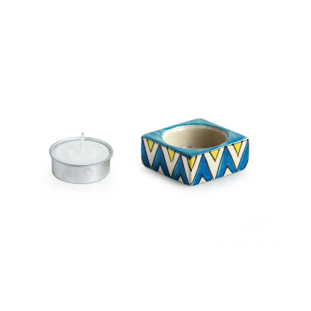 'Mughal Zig-Zag Jugnu' Handpainted Tea Light Holder (Set of 4, Ceramic)