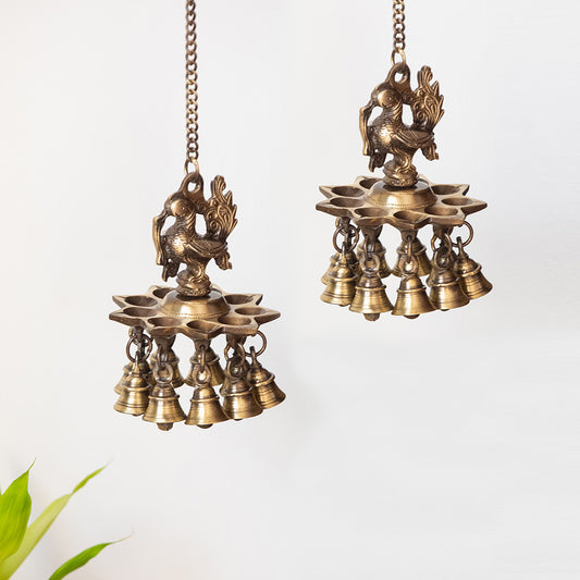 Paradise Peacock Hand-Etched Decorative Brass Hanging Diya With Bell (Set of 2, 9 Diyas & Bells)