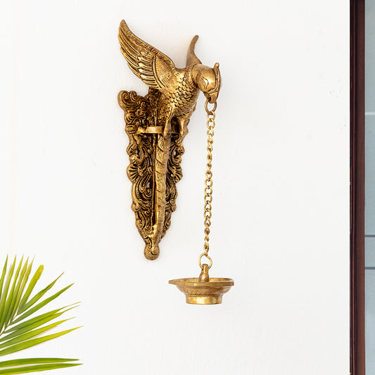 'Golden Parrot' Decorative Wall Hanging Brass Diya (5 Wicks, 1.5 Kg, Hand-Etched)