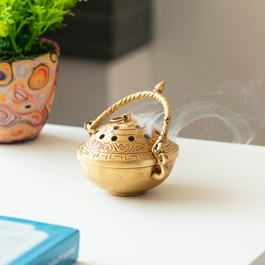 'Inaayat' Dhoop Dani Brass Incense Burner (Hand-Etched, 4 Inch, 0.6 Kg)