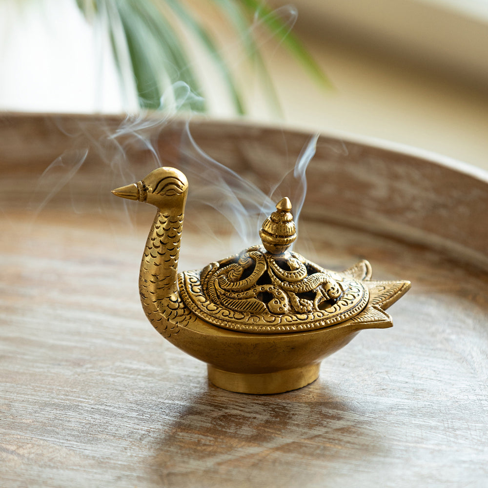 'Swan' Dhoop Dani Handcarved Brass Incense Burner