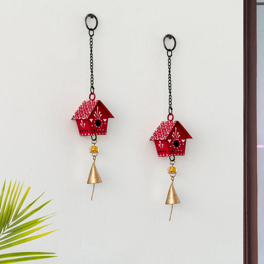 'Mini Huts' Kutch Decorative Hanging Wind Chimes (Iron, Red, Set of 2)