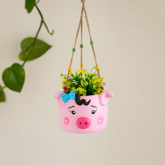 Oinking Piglet' Hanging Planter Pot In Terracotta (4.5 Inch, Handmade & Hand-Painted, Pink)