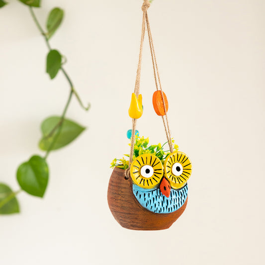 Night Owl' Hanging Planter Pot In Terracotta (5.6 Inch, Handmade & Hand-Painted, Brown)