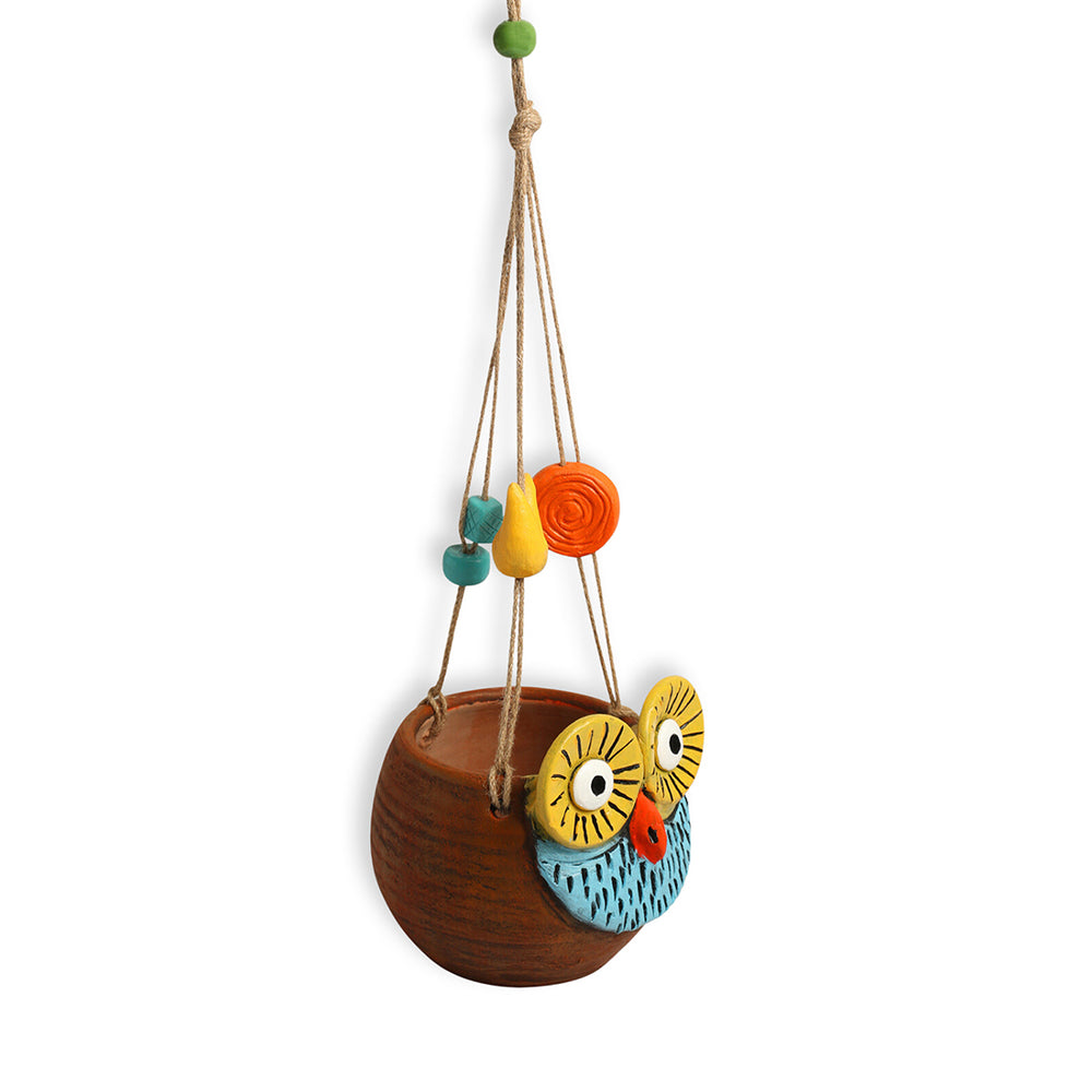 Night Owl' Hanging Planter Pot In Terracotta (5.6 Inch, Handmade & Hand-Painted, Brown)