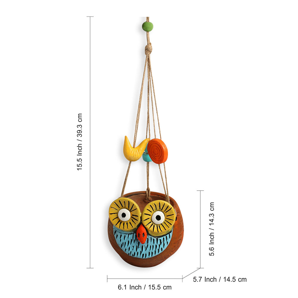 Night Owl' Hanging Planter Pot In Terracotta (5.6 Inch, Handmade & Hand-Painted, Brown)