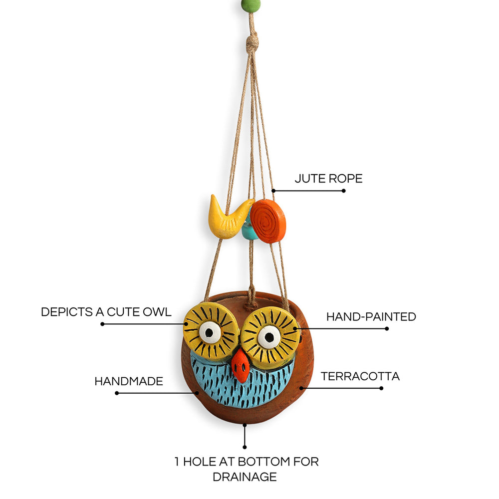 Night Owl' Hanging Planter Pot In Terracotta (5.6 Inch, Handmade & Hand-Painted, Brown)