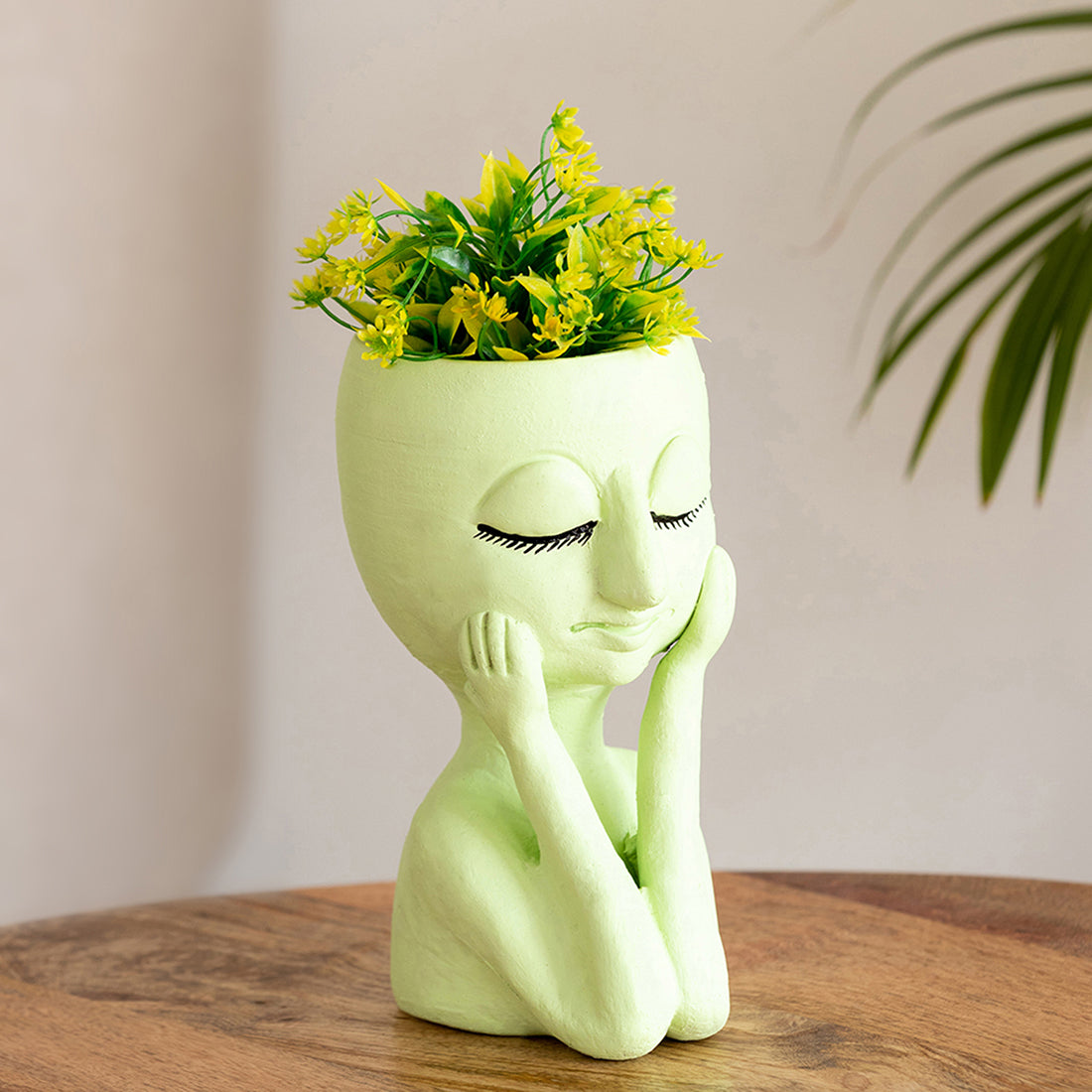 Meditative Fairy' Handmade & Hand-Painted Terracotta Table Planter Flower Pot (8.5 Inch, Green)