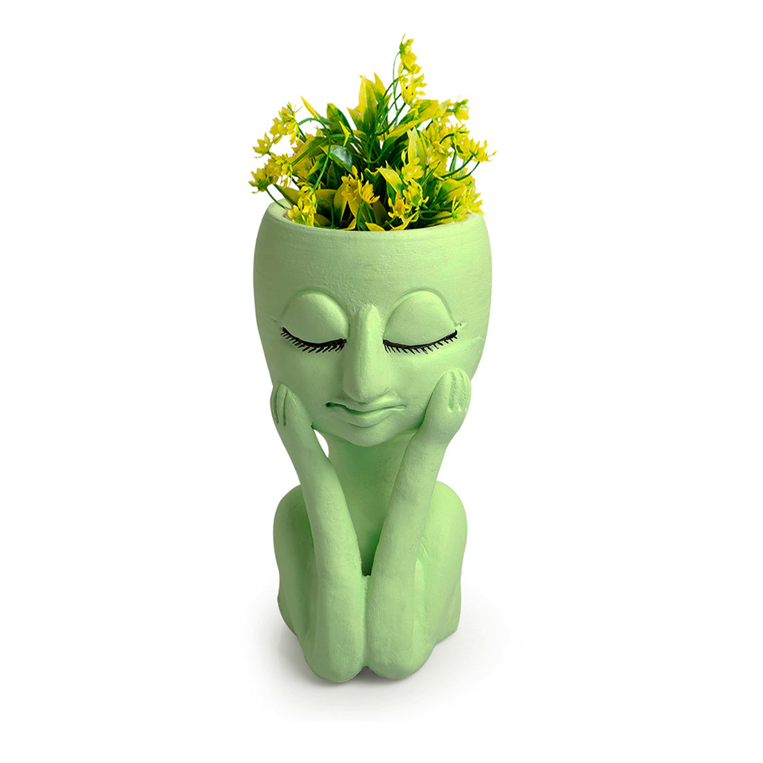 Meditative Fairy' Handmade & Hand-Painted Terracotta Table Planter Flower Pot (8.5 Inch, Green)