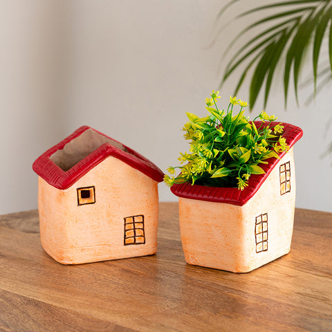 Homely Cottages' Handmade & Hand-Painted Terracotta Table Planters Flower Pots (Set of 2, 6.1 & 5.7 Inches, Peach)