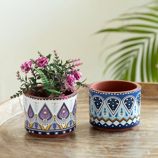 Aztec Borders' Terracotta Table Planter Flower Pot (Set of 2, 3.4 Inch, Handmade & Handcrafted)