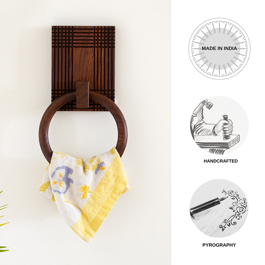 'Checkered Frame' Handcrafted Towel Ring Holder (Sheesham Wood)